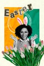 Vertical artwork collage of young funny female Easter time wear cute bunny ears fresh flowers creative colorful