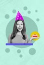 Vertical artwork photo collage of teenage pretty girl celebrate birthday party holiday hold on palm piece of cake on Royalty Free Stock Photo