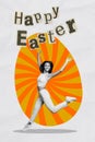 Vertical artwork picture collage of pretty young girl jumping on background of big painted Easter egg wish happy Easter
