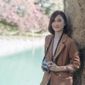Vertical Asian Women with vintage film camera take a photo. Smiling female photographer look at photo from professional camera Royalty Free Stock Photo