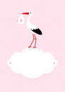 Vertical Baby Card Girl Stork On Cloud Dots Background Pink