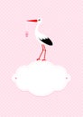 Baby Card Girl Stork On Cloud With Pacifier Dots Background Pink