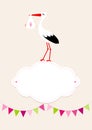 Baby Card Girl Stork On Cloud Pennant Dots Background Beige