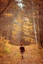 Vertical back view of a woman in cowboy boots walking along a path in colorful autumn forest