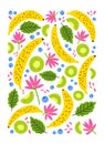 Vertical backdrop, card or poster template decorated with exotic fresh banana and kiwi fruits and blooming tropical