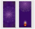 Vertical background, card with openwork mandala and a burning candle on a purple background