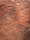 Close-up detail of old vintage tooled leather saddle in Tucson Arizona