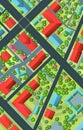 Vertical background image. Streets of city. Top, View from above. Small town house and road. Map with roads, trees and Royalty Free Stock Photo