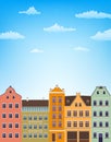 Vertical background with retro houses over blue sky with clouds