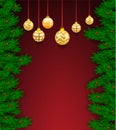 Vertical banner with christmas tree garland and ornaments. Hanging gold and ribbons. Great for flyers, posters, headers. Vector Royalty Free Stock Photo