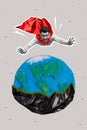 Vertical banner collage of superhero fast flying hurry up save planet pollution oil resources microplastics isolated on