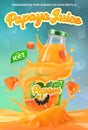 Vertical banner with 3D realistic advertising of papaya juice, a bottle with papaya juice among the splashes and a logo