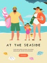 Vertical banner with happy family at the seaside flat style, vector illustration