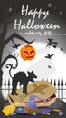 Vertical banner for holiday design on the theme of all saints eve Halloween Black cat hisses standing on a coffin on the moon