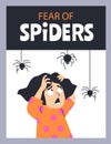 Vertical banner with little girl scared of hanging from the top spiders flat style Royalty Free Stock Photo