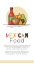 Vertical banner with mexican food and place for text. Avocado guacamole with nachos corn chips, spicy sauce and lettering. Vector