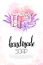 Vertical banner with neon illustration of handmade soaps with orange, juniper twigs, star anise and lettering on watercolor splash