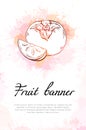 Vertical banner with outline persimmons and watercolor splashes. Sketch fruit with juicy sprays. Vector template