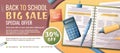 Vertical banner with paper, calculator and office supplies. Back to school, study, education. Office supplies scattered Royalty Free Stock Photo