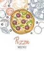 Vertical banner with pizza and pizza ingredients. Basil, tomatoes, mozzarella, onions.