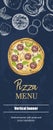 Vertical banner with pizza and pizza ingredients. Basil, tomatoes, mozzarella, onions.