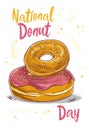 Vertical banner or poster for National Donut Day, illustration of two stylized donuts with sprinkles. Festive and hand