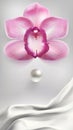 Vertical Banner with a Purple Orchid Flower and Pearls Royalty Free Stock Photo