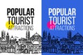 Vertical banner with seamless cityscape of worlds most popular tourist attractions. Modern flat line vector illustration