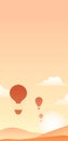 Vertical banner with vintage hot air balloon in the sky, sunrise and hills and place for text. Card with silhouette of aerostat Royalty Free Stock Photo