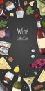 Vertical banner with wine collection on black background. Vector hand drawn wine banner