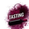 Vertical banner with wine stains background. Wine tasting text example. Wine bottle illustration. Vector spots and drops