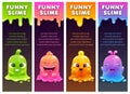 Vertical banners with cute cartoon colorful slimy characters and slime dribbles. Royalty Free Stock Photo