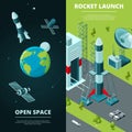 Vertical banners with pictures of space travel and launch pad in spaceport