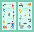 Vertical banners of plumbing tools, fixtures and services vector illustration. Plumber with plunger and suitcase