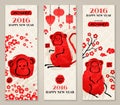 Vertical Banners Set with Hand Drawn Chinese New Year Monkeys. Royalty Free Stock Photo