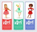 Vertical banners set with teenager girls practicing arts, playing the violin and accordion, ballet dancing. Kids club