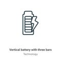 Vertical battery with three bars outline vector icon. Thin line black vertical battery with three bars icon, flat vector simple