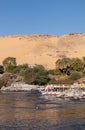 Vertical beautiful sandy landmark of faluca traditional boat sailing in the Nile river bank with vegetation and sand Royalty Free Stock Photo