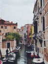 Vertical beautiful shot of boats and buildings in Venice, Italy