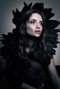 Vertical beauty portrait in dark tones. Luxury young woman with black feathers in her hair Royalty Free Stock Photo