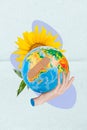 Vertical billboard collage of hold planet earth global nature environment sunflower ukraine symbol stop war on