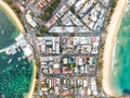 Vertical bird`s eye aerial drone panoramic view of the oceanside suburb of Manly, Sydney, New South Wales, Australia. Royalty Free Stock Photo