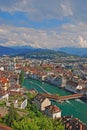 Vertical birds eye view city Lucerne, Switzerland with Swiss typical buildings looking down on the Spreuer Bridge over River Reuss Royalty Free Stock Photo