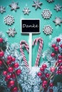 Vertical Black Christmas Sign,Lights, Danke Means Thank You Royalty Free Stock Photo