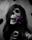 Happy female skeleton wearing a long brown wig and holding a pink rose in her mouth for the Valentine's Day