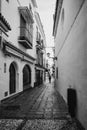 Vertical black and white shot of a lonely empty street with residential buildings in Malaga, Spain