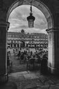 Vertical black and white shot of Main Plaza in Salamanca, Spain