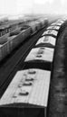 Vertical black and white toy train echelon bokeh