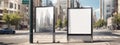 Vertical blank white billboard at bus stop on city street. In the background buildings and road. Mock up. Poster on street next to Royalty Free Stock Photo