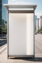 Vertical blank white billboard at bus stop on city street. In the background buildings and road. Mock up. Poster on street next to Royalty Free Stock Photo